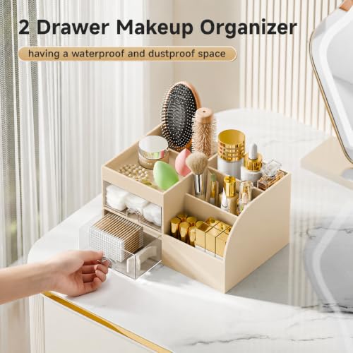 Makeup Organizer with 2 Drawers, Makeup Organizers Countertop for Vanity and Bathroom, Make up organization and Skincare Storage with Brush Holder, for Dresser, Desktop, Cosmetic Display Case (Beige)